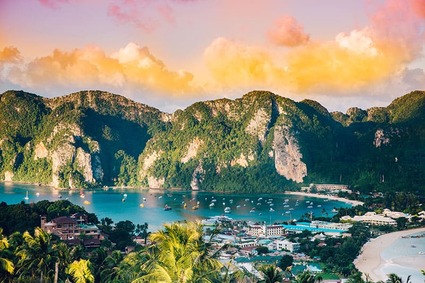 An aerial view of sunrise on Thailand’s Phi Phi Islands